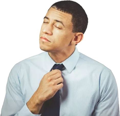 A man holding his tie and thinking with closed eyes